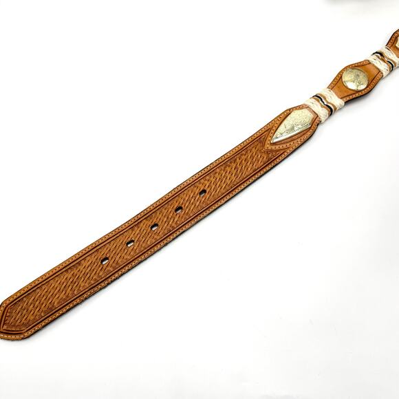 Nocona Western Concho Belt 30 Brown Leather Tooled Basketweave Rawhide Brass - Picture 9 of 12